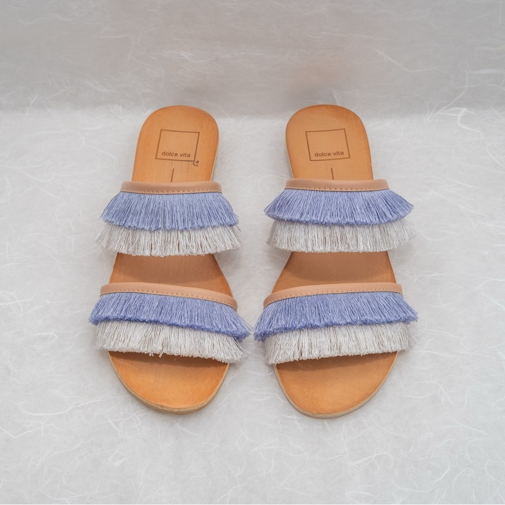 Dolce Vita Blue and White Fringe Sandals